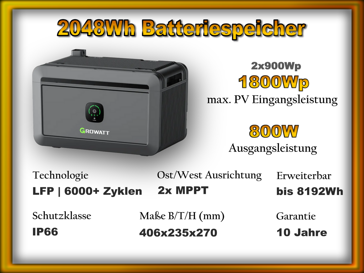 Balkonkraftwerk "Maximus" mit 2048Wh Speicher (1170Wp/800W)