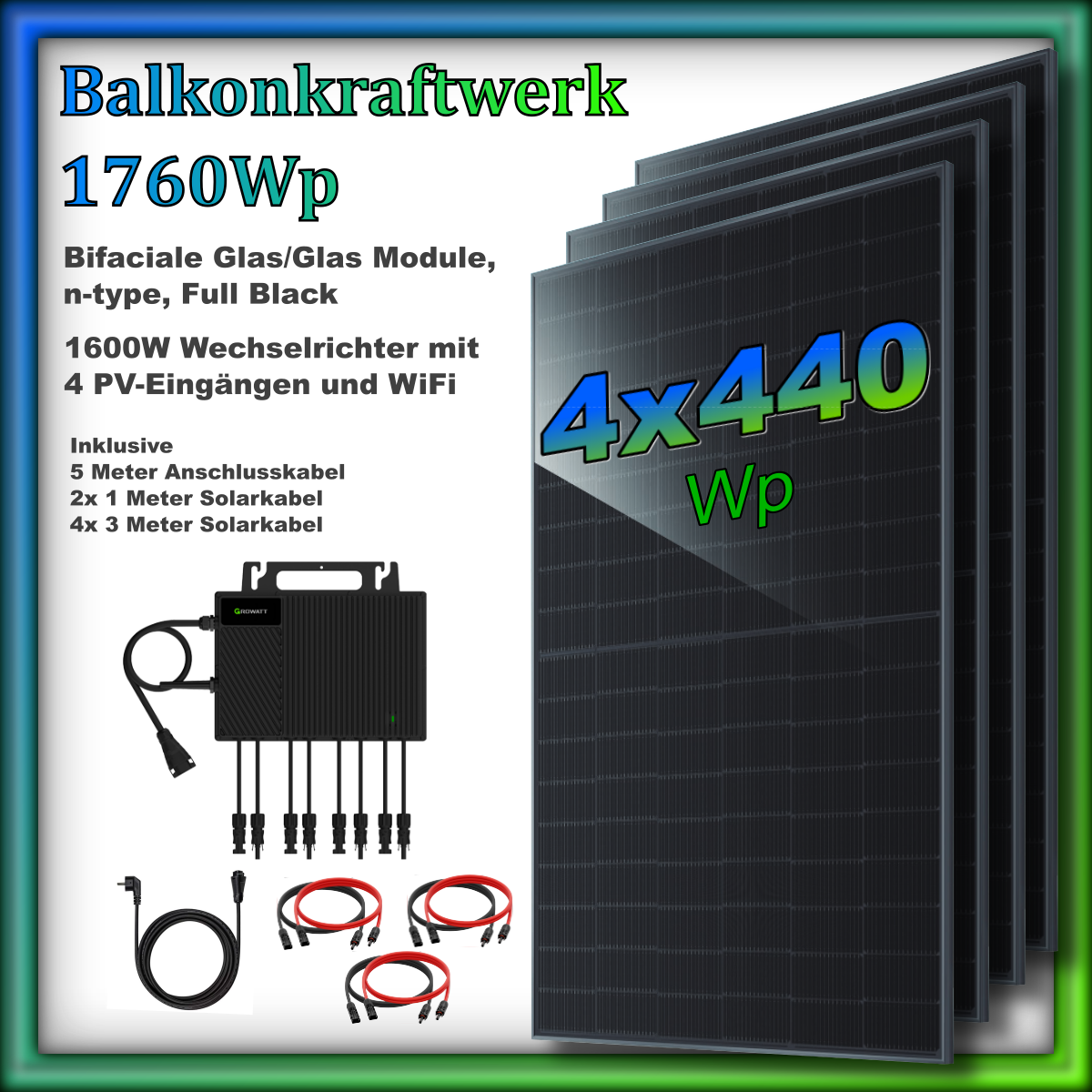 Balkonkraftwerk 1760er "Quadrant" Full Black (1760Wp/1600W)