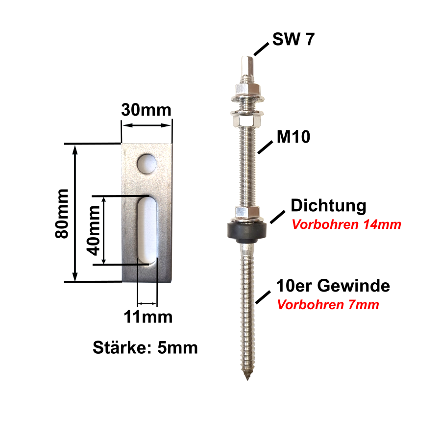 Stockschraube 10x200mm, mit Adapterblech und Dichtung, Edelstahl