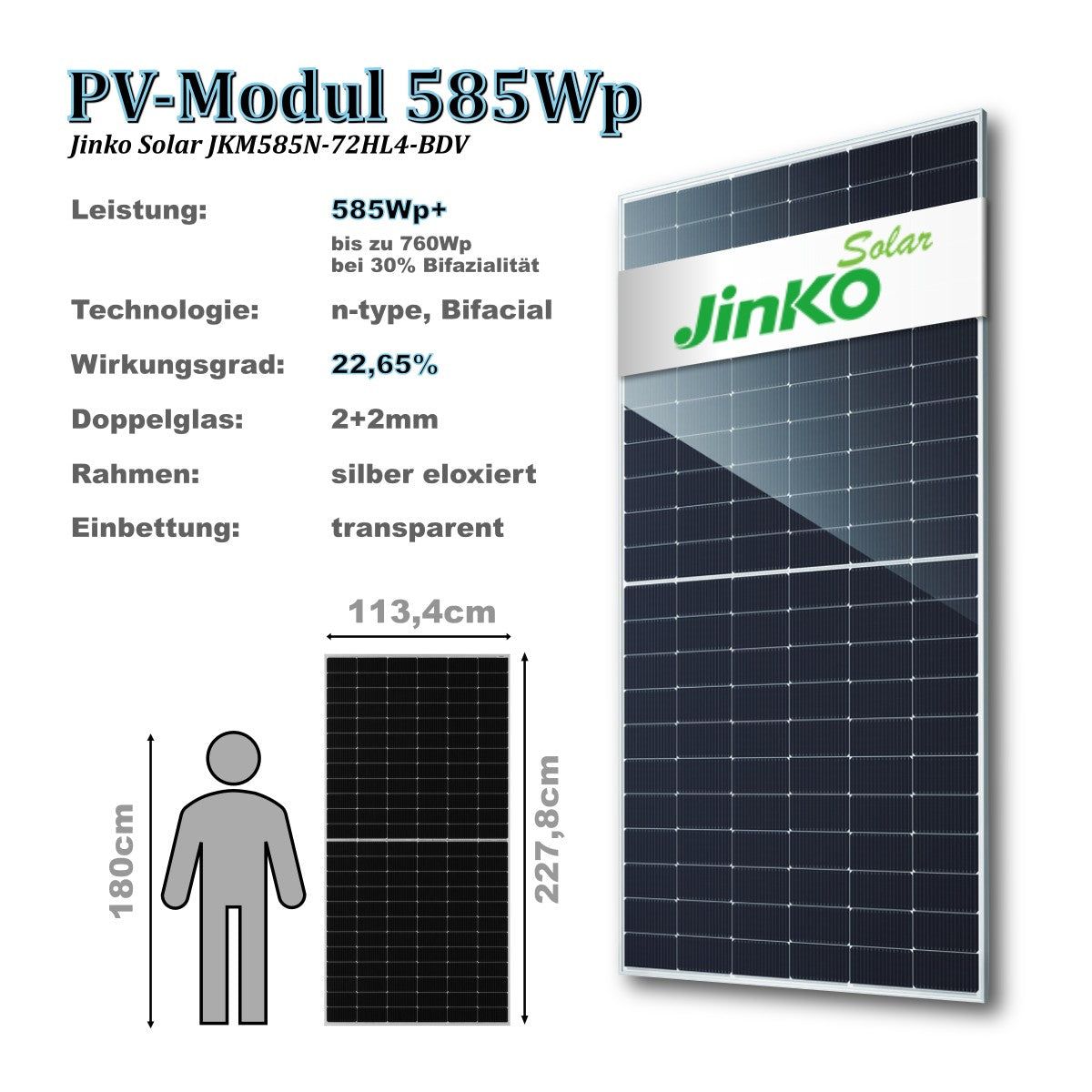 585Wp PV-Modul XXL von Jinko Solar, bifacial, doppelglas, n-type
