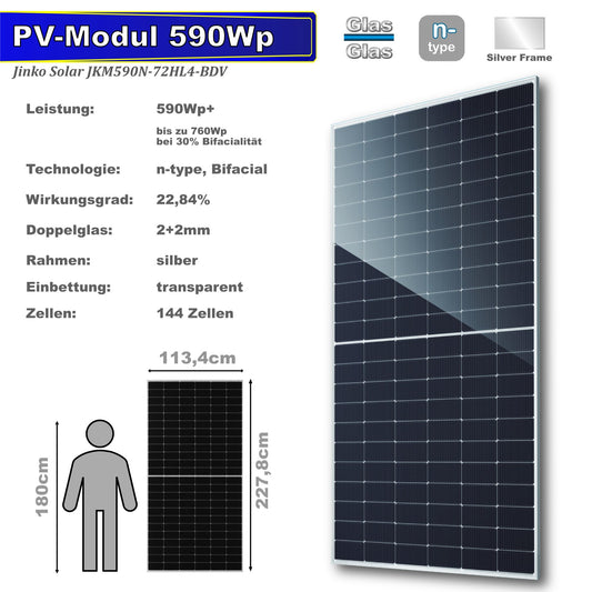 590Wp PV-Modul XXL von Jinko Solar, bifacial, Doppelglas, n-type